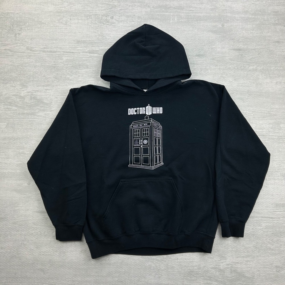 Vintage Y2K Doctor Who Sweatshirt Size Medium Black BBC Police Pubic Call Hoodie